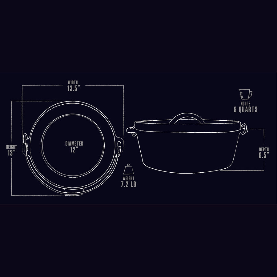 black and white line drawing of cast iron dimensions