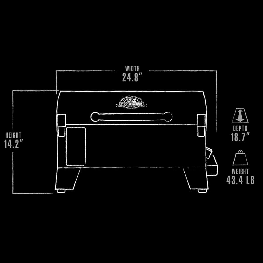 Pit Boss Portable Tabletop Pellet Grill, Black. Exterior grill dimension line drawing