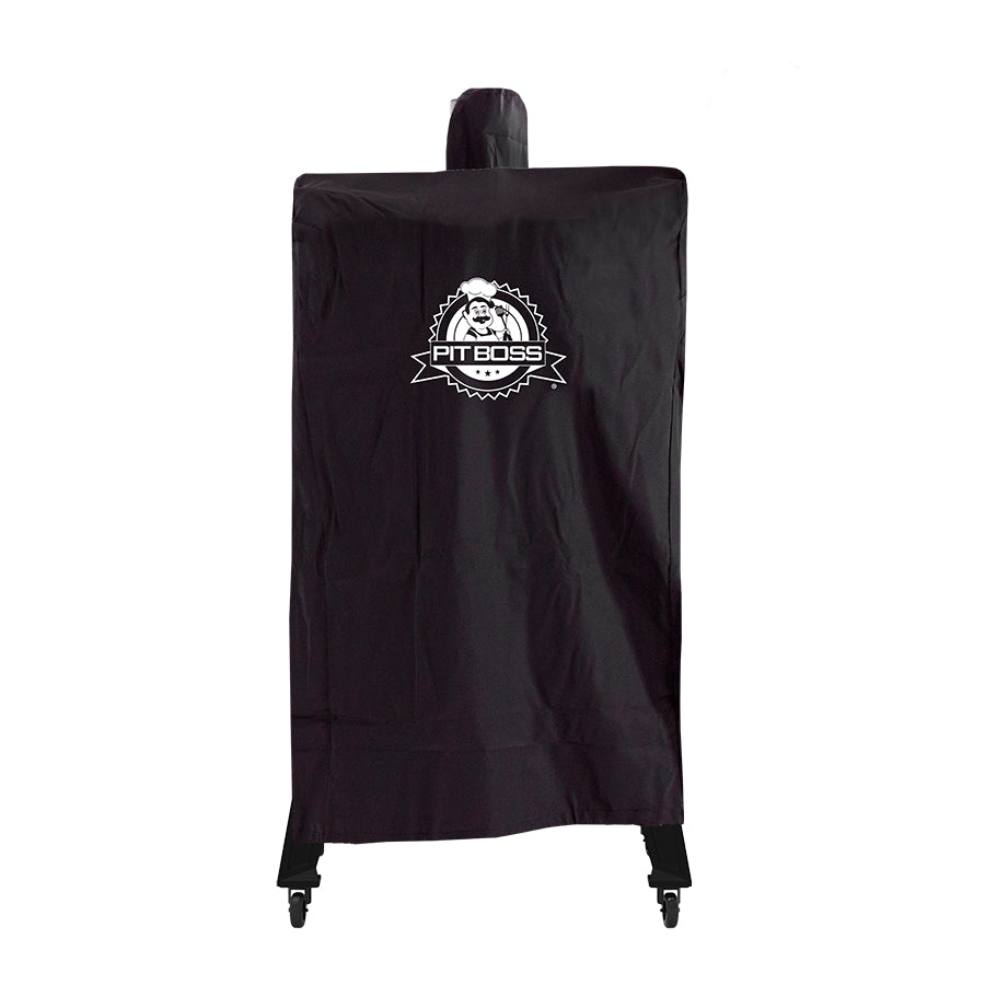 All black smoker cover with white pit boss logo in front center