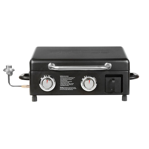 Pit Boss Sportsman Portable Tabletop 2-Burner Griddle. All black with silver handlebar