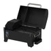 Pit Boss Portable Tabletop Pellet Grill, Black. Side angle, open to show grill grates and pellet hopper