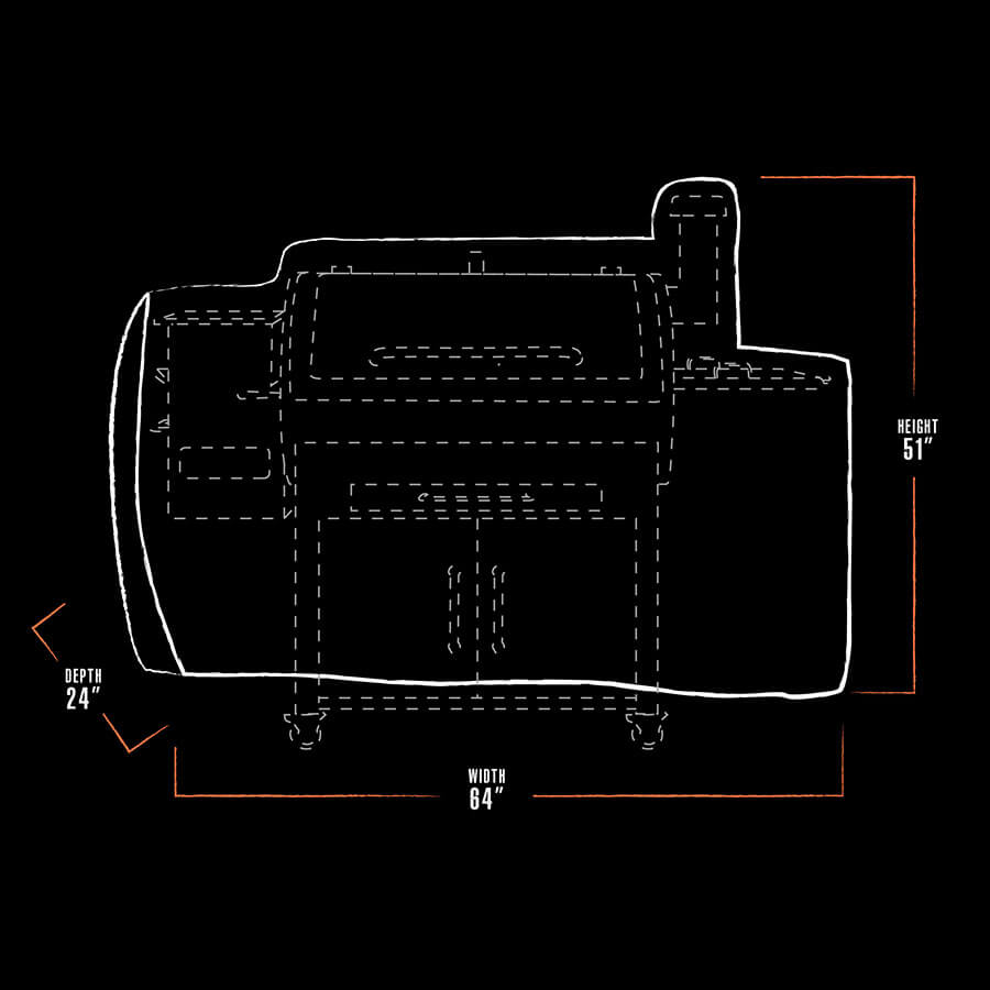 black and white grill cover dimension drawing with orange accents. bbq cover measures 64" x 24" x 51"