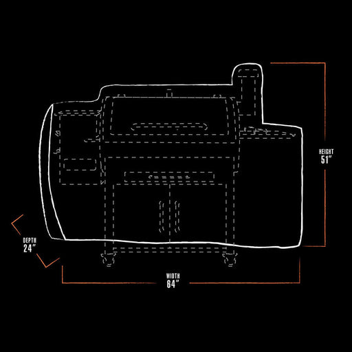 black and white grill cover dimension drawing with orange accents. bbq cover measures 64" x 24" x 51"