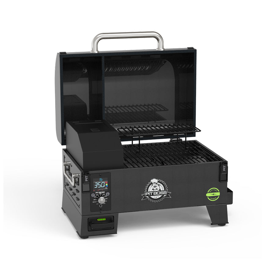 Open hood of the portable battery powered wood pellet grill. 2 porcelain-coated steel cooking grates displayed.