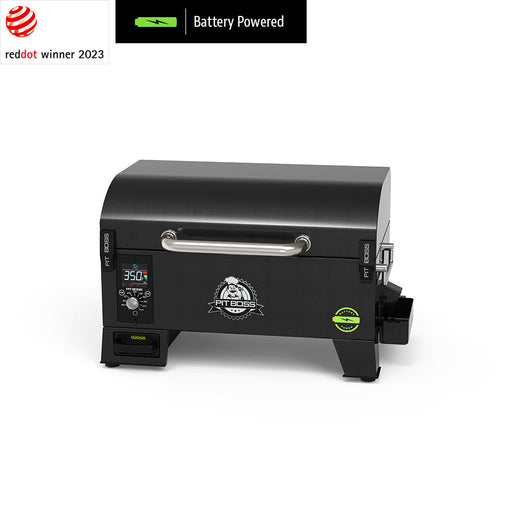 Portable battery powered wood pellet grill with green accents.