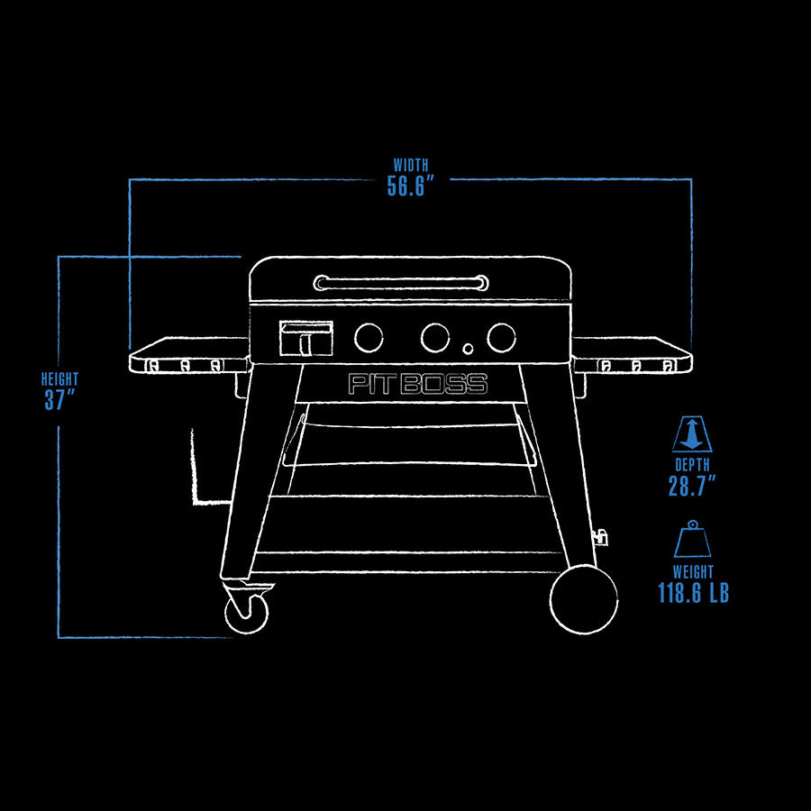 blue and white exterior dimension drawing of griddle. black background