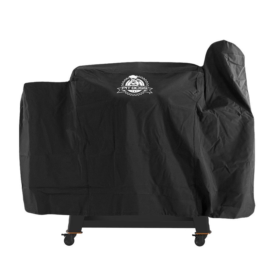 all black bbq grill cover with white pit boss logo on center.