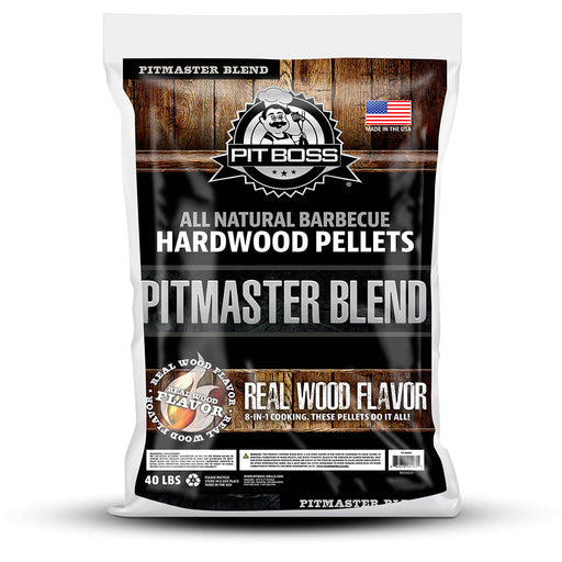 Pit Boss 40 lb Pitmaster Blend Hardwood Pellets. Brown wood background with Black and white design and font.