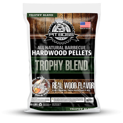 Pit Boss 20 lb Trophy Blend Hardwood Pellets. Brown bag with Green and white font and design.