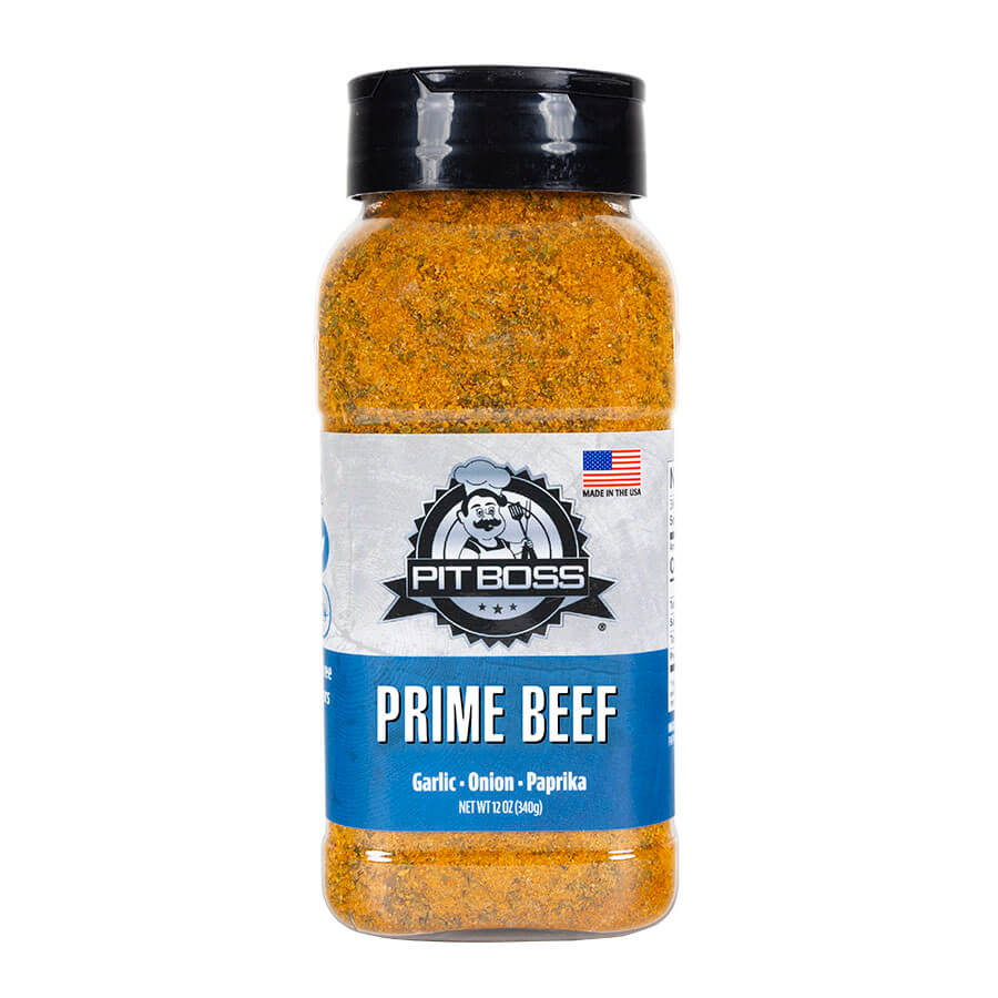 Pit Boss Prime Beef Rub BBQ spice - blue and white label on plastic bottle