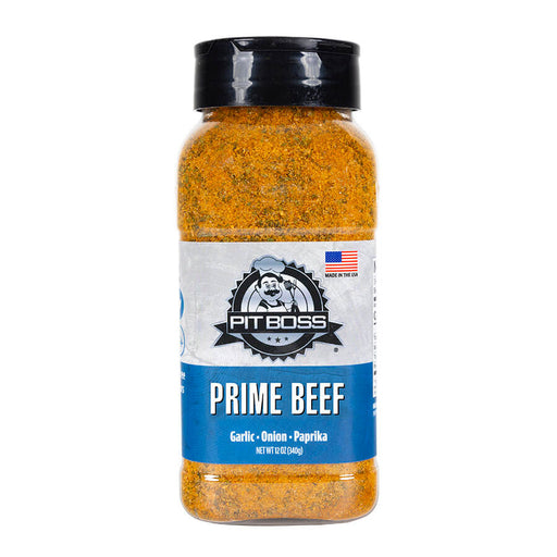 Pit Boss Prime Beef Rub BBQ spice - blue and white label on plastic bottle