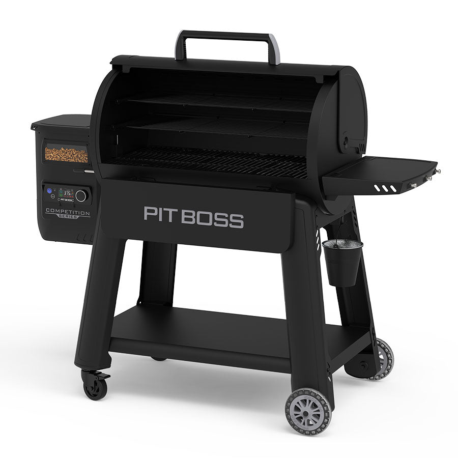 Pit Boss Competition Series 1600 Wood Pellet Grill. Black with silver accents. Pit Boss engraved into the front. clear wheels. Side view.