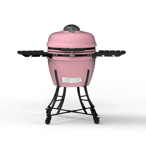 Pink grill with black accents. Bumpy texture. Two side tables displayed. Front view