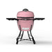 Pink grill with black accents. Bumpy texture. Two side tables displayed. Front view