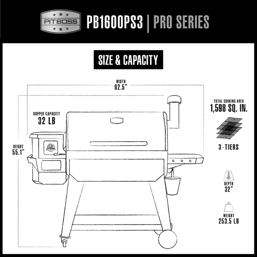 White graphic representation of the exterior dimensions of the grill.  Shwing off the size and capacity of the grill.