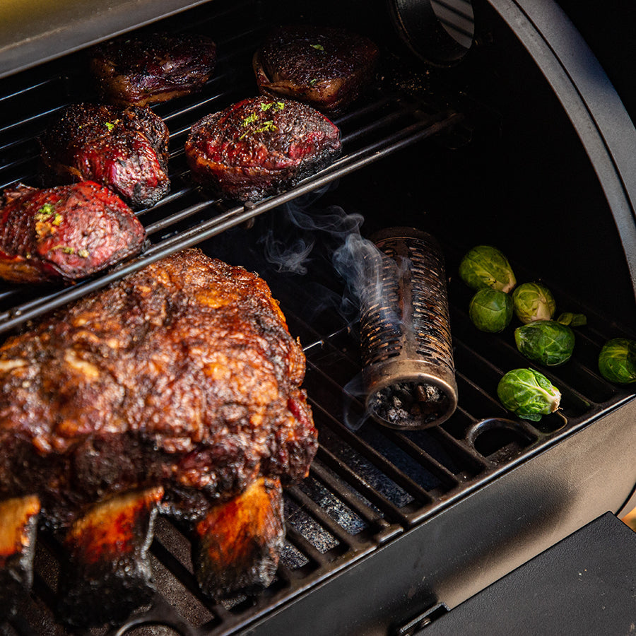 lifestyle_2, smoker tube being used in a grill surrounded by meats and veggies