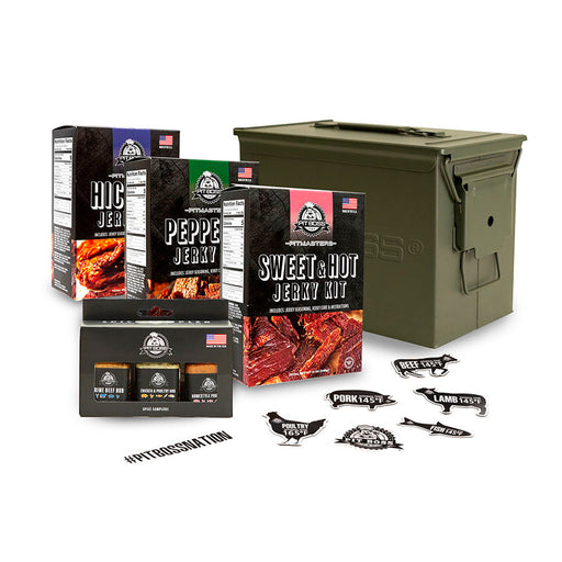 Ammo Kit Includes: Pit Boss Original Hickory Jerky Kit Pit Boss Peppered Jerky Kit Pit Boss Sweet and Hot Jerky Kit Pit Boss 3 Pack Sampler Pit Boss Stickers and Magnets Pit Boss Steel Ammo Can