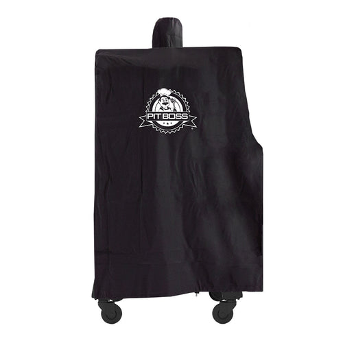 all black vertical smoker bbq cover with white pit boss logo in front center