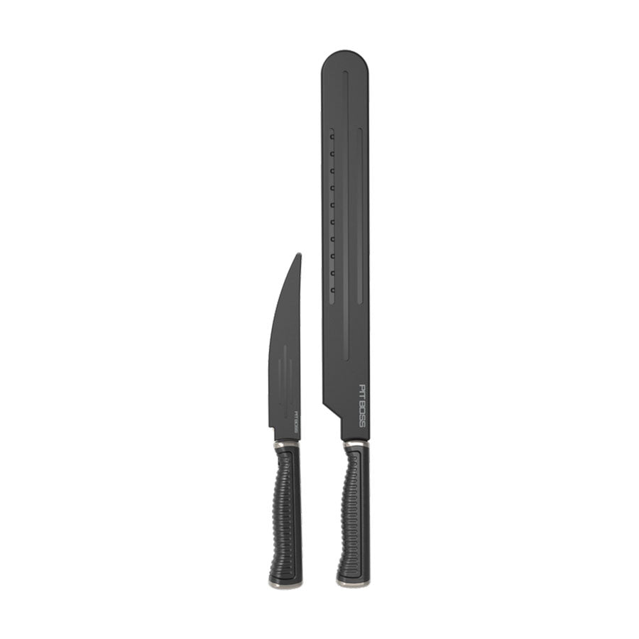 2-Piece Brisket Carving Knife Set. Black handles and silver blades with knife covers on.