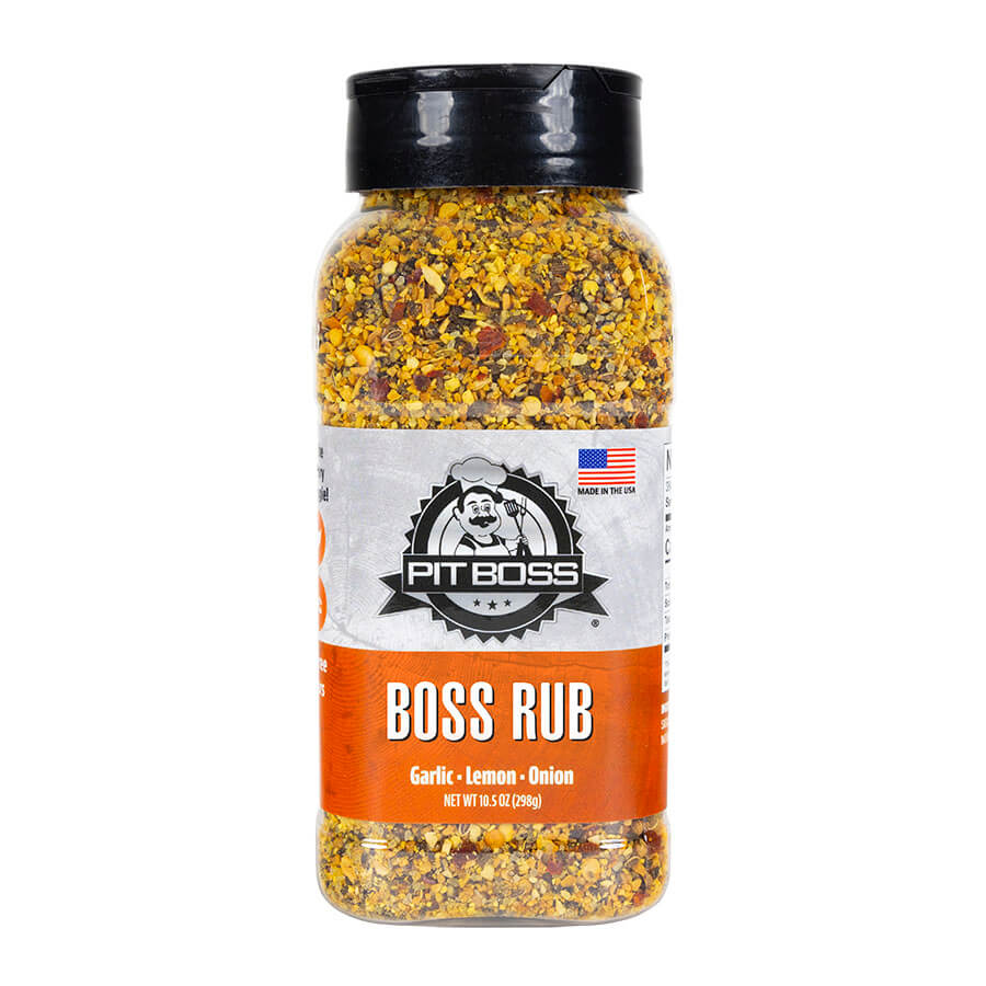 Pit Boss boss rub BBQ spice - orange and white label on plastic bottle