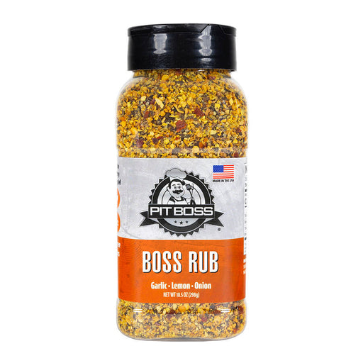 Pit Boss boss rub BBQ spice - orange and white label on plastic bottle