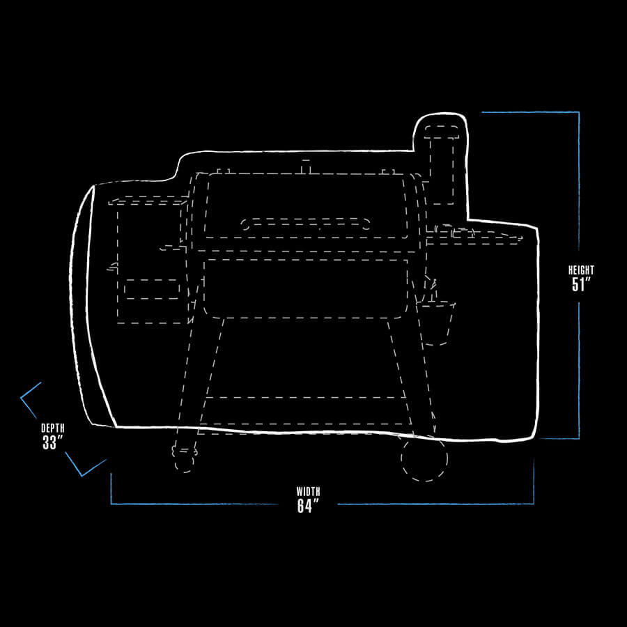 black and white dimension drawing with blue line accents. grill cover measures 64" x 33" x 51"