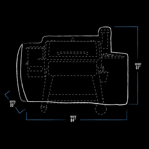 black and white dimension drawing with blue line accents. grill cover measures 64" x 33" x 51"