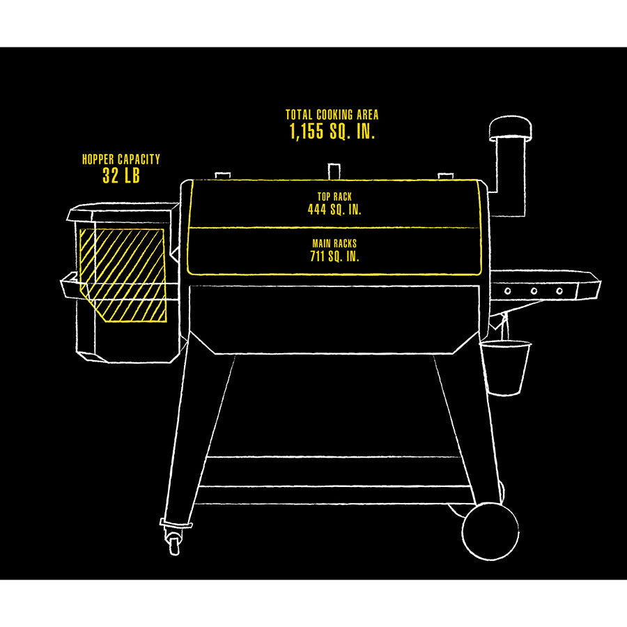 Drawing with grill details. Hopper capacity 32lb, total cooking area 1,155 square inches, main rack 711 square inches, top rack 444 square inches