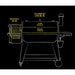 Drawing with grill details. Hopper capacity 32lb, total cooking area 1,155 square inches, main rack 711 square inches, top rack 444 square inches