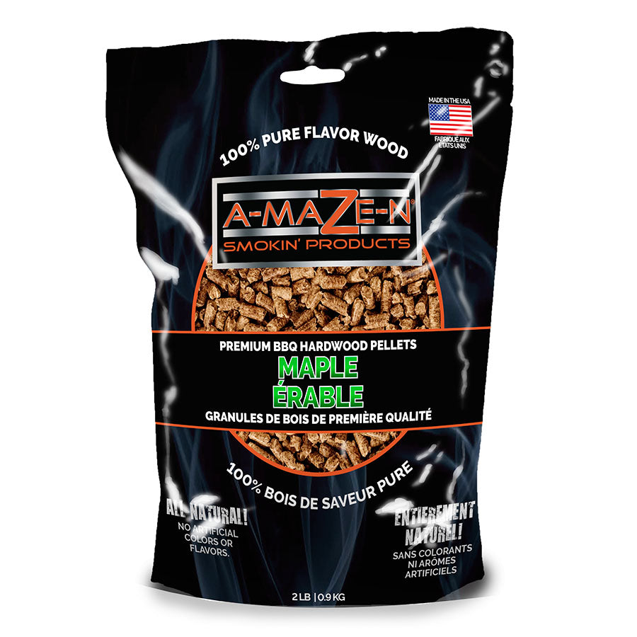 2 LB 100% Maple BBQ Pellets, black bag with red, white and green lettering