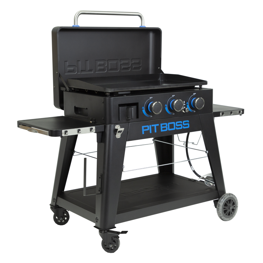 lifestyle_5, Black griddle with bright blue and silver accents with large Pit Boss logo in blue on front. Side angle view. Griddle hood open