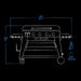 blue and white exterior dimensions line drawings of griddle. black backgorund