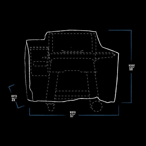 black and white grill cover dimension drawing with blue accents. cover measures 57" x 35" x 50"