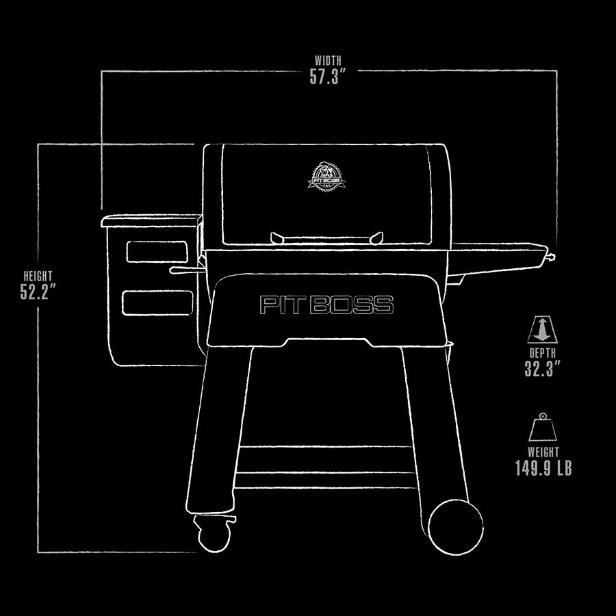 black and white line drawing of grill showing exterior dimensions