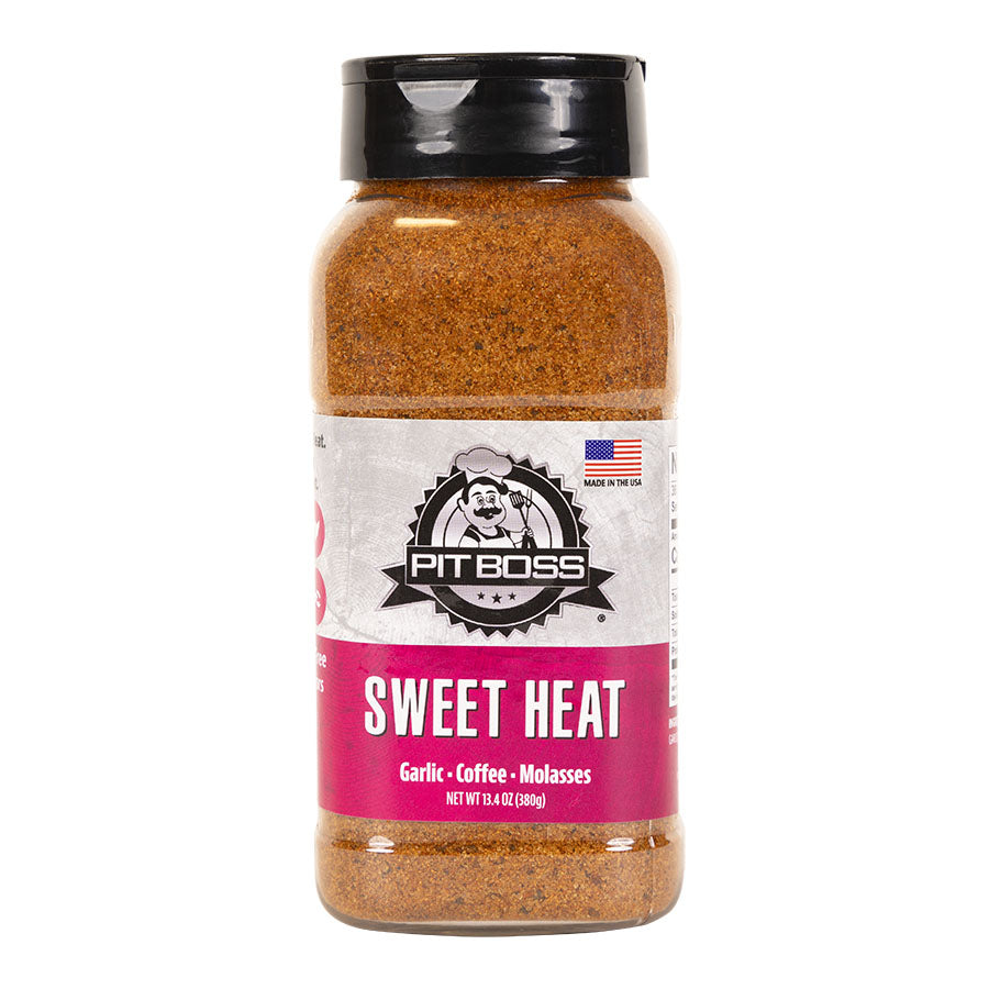 Pit Boss Sweet Heat BBQ Rub Spice - pink and white label on plastic bottle