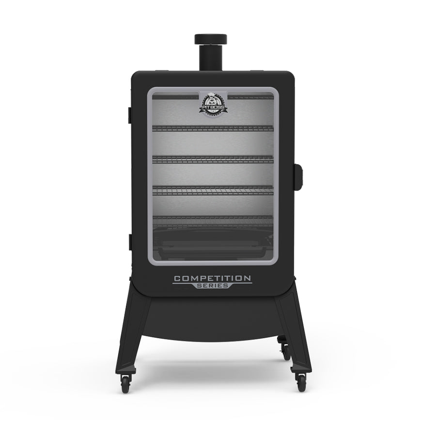 Front view of vrtical smoker. Labeled competition series. Pit Boss logo on the front.