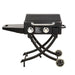 Pit Boss Sportsman Portable 2-Burner Griddle With Legs. Black with a silver handle. Pit Boss engraved in black on the front of the hood. Clear wheels.