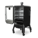 lifestyle_2, Black smoker with small Pit boss logo on transparent door and engraved "Pro Series" on front. Side angle view. Chamber door open