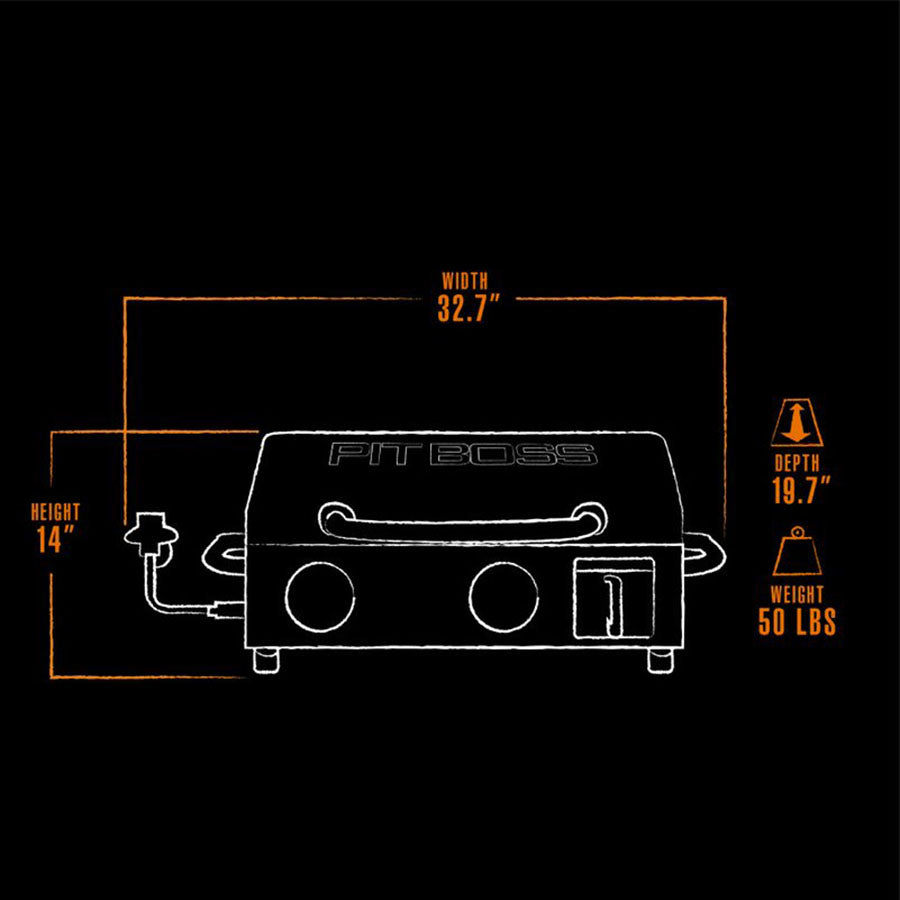 White and orange graphic representation of the exterior dimensions of the smoker.