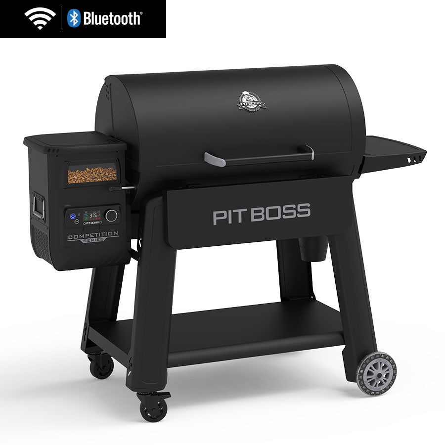 Pit Boss Competition Series 1600 Wood Pellet Grill. Black with silver accents. Pit Boss engraved into the front. clear wheels.