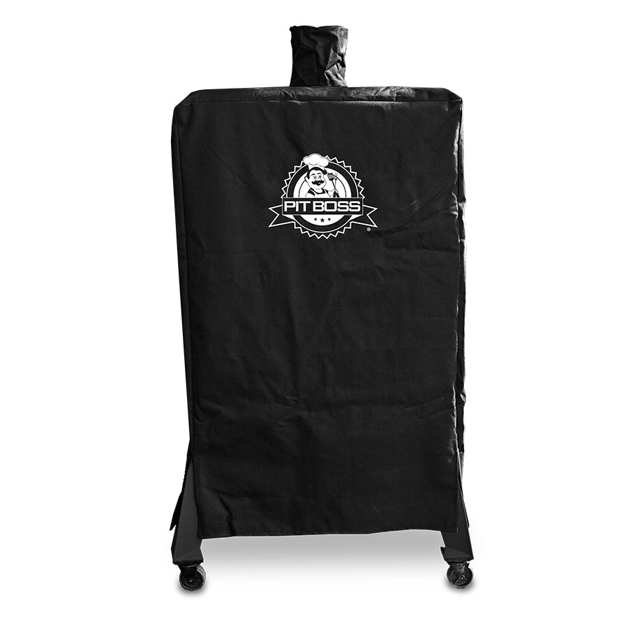 Pit Boss 5-Series Wood Pellet Vertical Smoker Cover. Black cover with White Pit Boss logo.