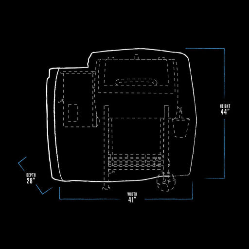 black and white bbq grill cover dimension drawing. cover measures 41" x 28" x 44"