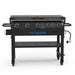 Pit Boss 5-Burner Deluxe. Black with blue accents. Pit Boss labeled largely across the front. Front view.