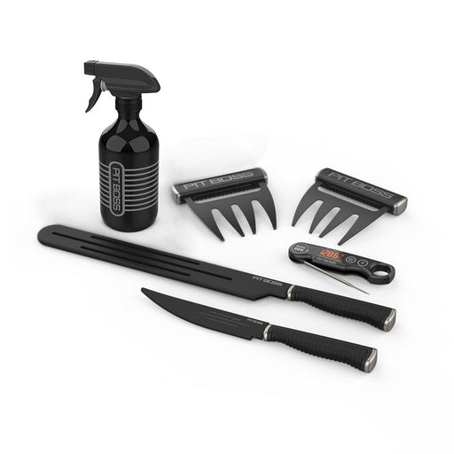 Pit Master Grill Tool Set. Includes brisket knife, trimming knife, set of meat claws, instant read thermometer, and spritz bottle. All black tools.