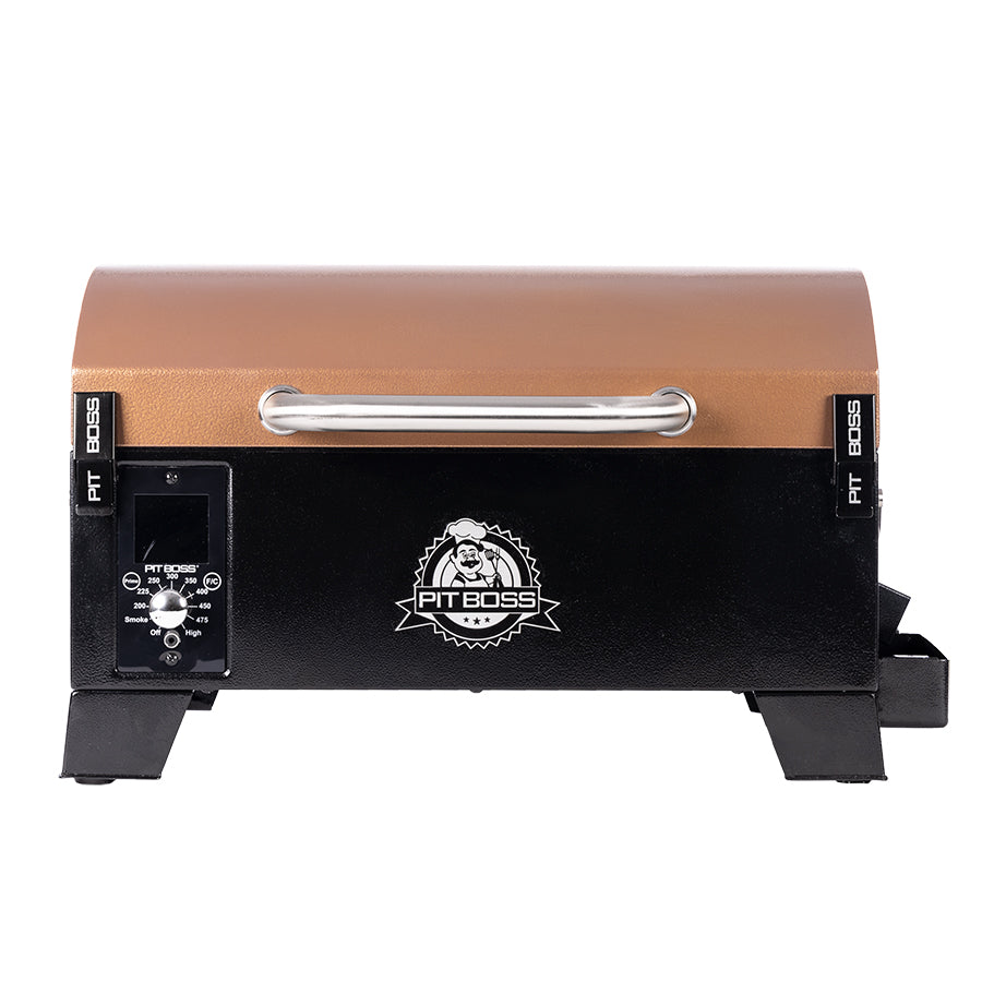 Black grill with orangeish-brown grill hood and silver accents with Pit Boss logo.