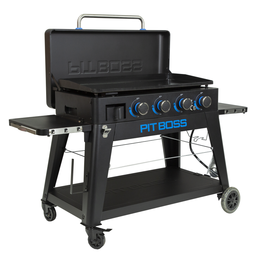 lifestyle_5, Black griddle with bright blue and silver accents and a large blue Pit Boss logo on front. Side angle view. Grill hood open