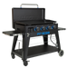 lifestyle_5, Black griddle with bright blue and silver accents and a large blue Pit Boss logo on front. Side angle view. Grill hood open