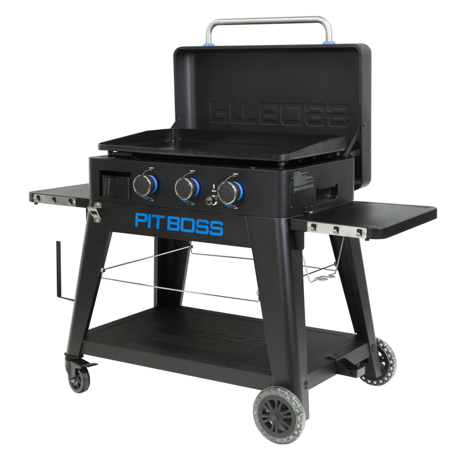 lifestyle_3, Black griddle with bright blue and silver accents with large Pit Boss logo in blue on front. Side angle view. Grill hood open