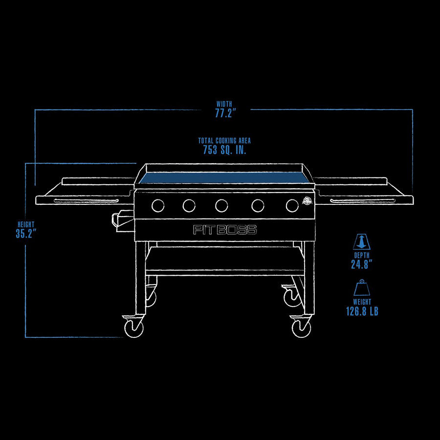 White  and blue graphic representation of the exterior dimensions of the smoker.