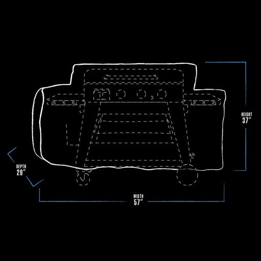 pit boss griddle cover dimension drawing, black and white with blue accents. 57" x 29" x 37"